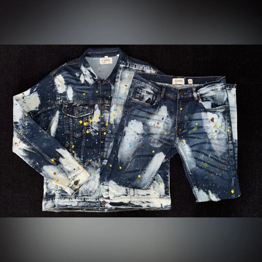 FWRD  Men’s Denim Set Bleached Splattered Paint Denim Jean Jacket W/ Pants